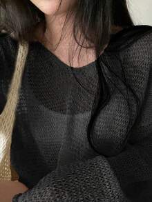 休閒純色鉆空女款毛衣 - 黑色 - 查看 4