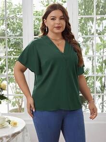 SHEIN Clasi Blusa Adornada De Talla Grande Para Mujer Con Mangas Con Volantes Y Escote En V - Verde Oscuro - Ver 4
