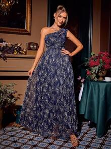 Glamaker Ladies' One Shoulder Full Body Printed Dress - Navy Blue - View 3