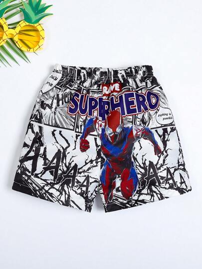 SHEIN 1 st Unga pojkar Street Style Casual Cartoon tryckta badbyxor, lösa bekväma strandshorts för sommarsemester