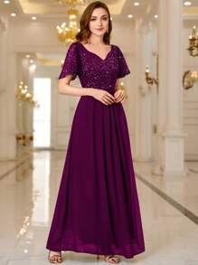 MIUSOL 亮片花卉蕾丝甜心领荷叶边袖雪纺褶皱下摆晚会长裙，优雅女士连衣裙，夏季连衣裙，适合度假、婚礼宾客、毕业典礼、晚宴礼服、长袍