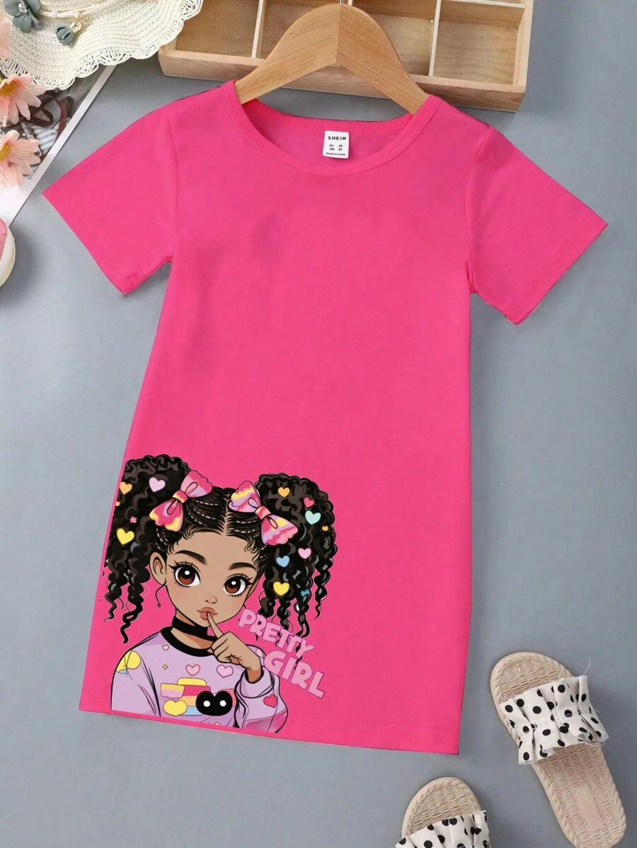 SHEIN Vestido De Manga Corta Con Impresión De Letra De Dibujo Animado De Niña Joven - Multicolor - Ver 1