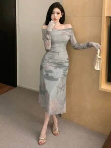 DAZY Ink Painting Print Off Shoulder Dress, Birthday ,New Year Eve Prom Dress Elegant,Fall Clothes