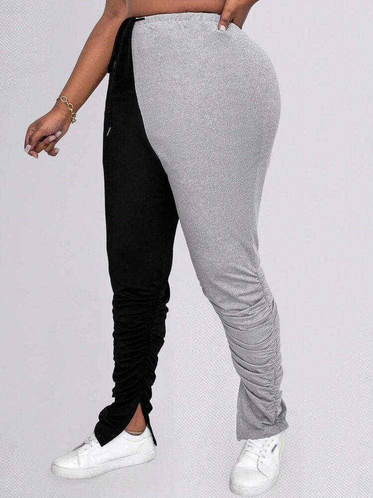 Plus Drawstring Waist Ruched Stacked Pants Fall Cloth For Women