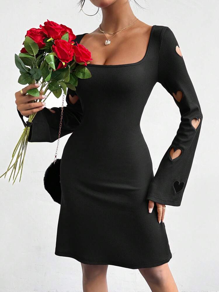 Casual Heart Shape Cut Out Square Neckline Dress For Valentine's Day