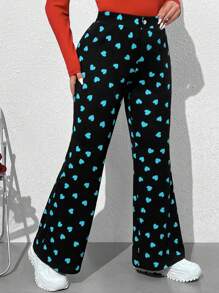 SHEIN EZwear 大尺碼女性情人節心形印花喇叭褲 - 藍色 - 查看 1