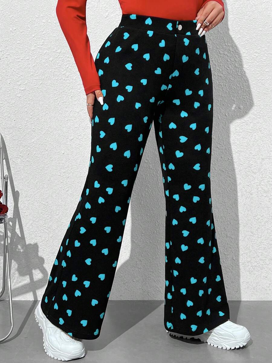 SHEIN EZwear 大尺碼女性情人節心形印花喇叭褲 - 藍色 - 查看 1