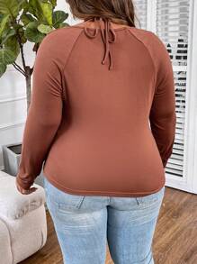 SHEIN CURVE+ Plus Size Solid Color Fishbone Print Compression Long Sleeve T-Shirt