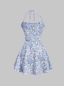 SHEIN MOD Women'S Floral Print Ruffle Detail Halter Top And Skirt Set - Blue and White - View 2