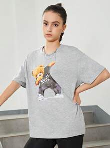 SHEIN Thiếu niên Cô gái Đan Lỏng lẻo phù hợp Ngắn tay Áo thun Với Gấu In Mẫu - Màu Xám nhạt - Xem 6