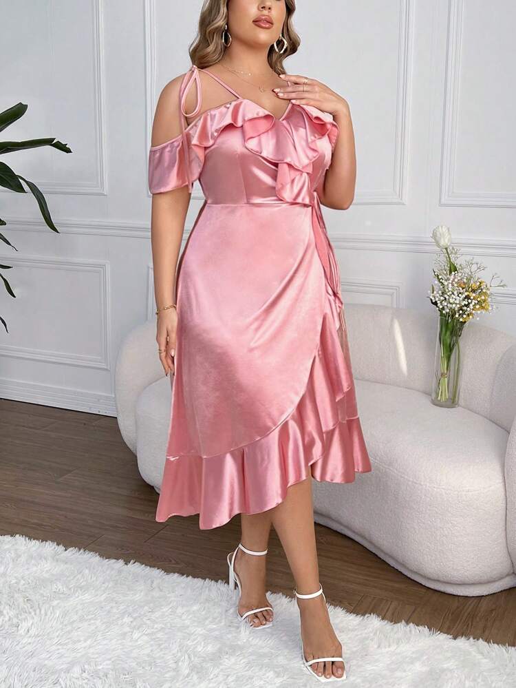 Plus Size Satin Ruffle Trim Cami Off Shoulder Dress