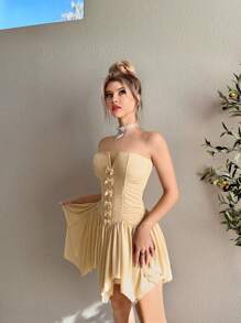 Sweetina 女士夏季卡其色蝴蝶结无肩带不对称荷叶边下摆约会连衣裙