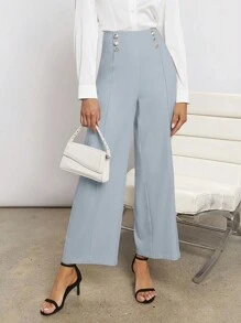 BizChic 女士双排扣阔腿裤，优雅商务休闲办公装，春夏款 - 淺藍色 - 查看 1