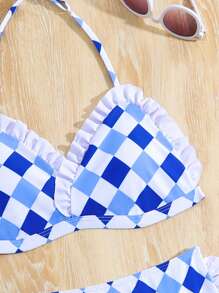 Teen Girl Diamond Pattern Halter Neck Bikini Set Summer Beach - Blue and White - View 4