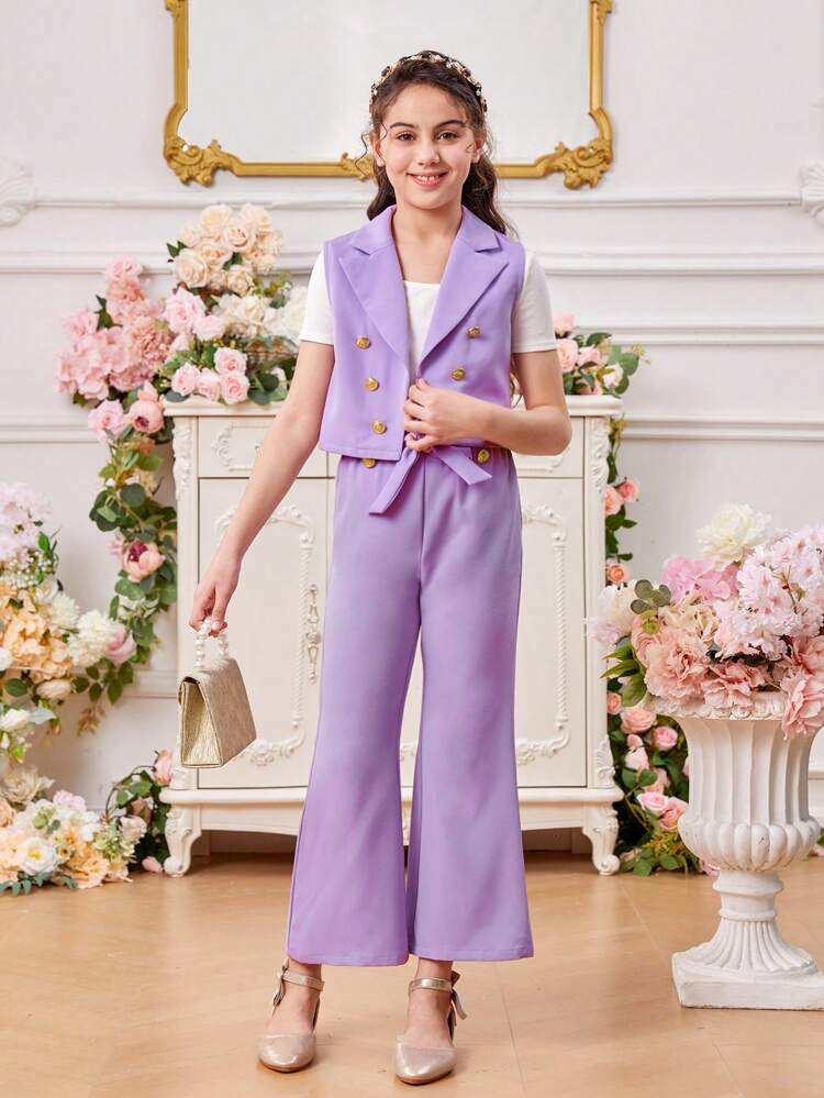 Tween Girls' Double Breasted Sleeveless Suit Jacket With Square Collar, Knitted Short Sleeve T-Shirt, Detachable Belt Flared Pants 3pcs/Set