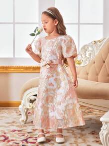 SHEIN Embroidered Fabric Young Girls' Mid-Sleeve Long Vacation Dress