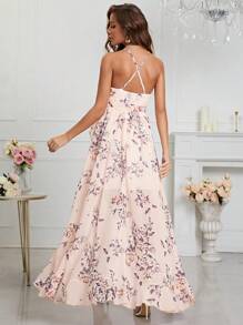 Cross-Back Printed Chiffon Dress With Lace Hemline - Multicolor - View 2