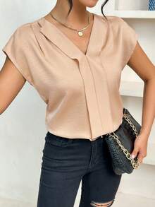 SHEIN Essnce Của phụ nữ Màu thuần Cổ chữ V Batwing Ngắn tay Áo sơ mi - Rượu sâm banh - Xem 6