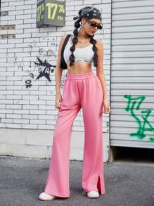SHEIN Sports 女士實色運動褲,設有分裂式褲腳和口袋 - 粉色 - 查看 3