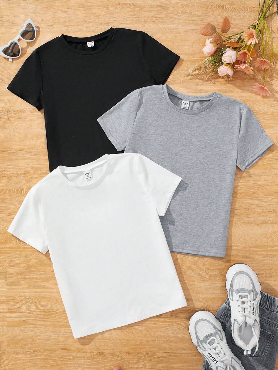SHEIN 3pcs Tween Girls' Knitted Solid Color Loose Fit Casual T-Shirt Set With Round Neck - Black - View 1