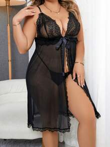 SHEIN 2 Piezas Conjunto De Lencería Sexy Con Diseño De Encaje (vestido + Tanga) - Negro - Ver 4