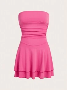 Lunelith SHEIN Lunessa Women's Strapless Pleated Double Layer Hem Dress