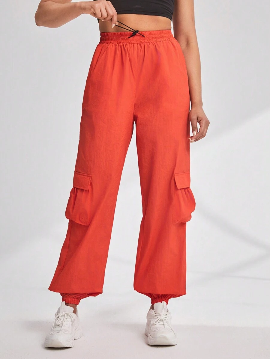 Gameset SHEIN Sport 女士純色運動貨褲帶口袋 - 紅色 - 查看 1