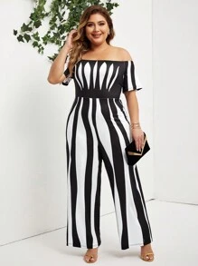 SHEIN Lady Off-Shoulder Plus Size Women's Jumpsuit With Geometric Print - Black and White - View 6
