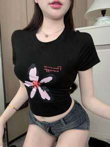 DAZY Women's Printed Minimalist Style T-Shirt - Black - View 4