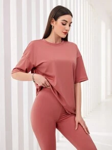 Mulvari Conjunto de 2 piezas para mujer con camiseta de manga caída con estampado de letras y pantalones largos