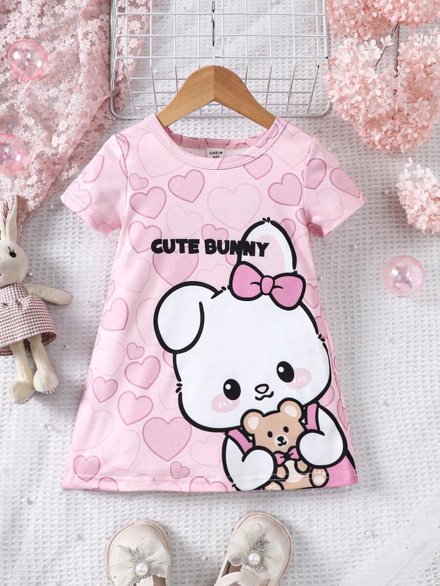 SHEIN Baby Girl Cartoon Rabbit & Heart Pattern Short Sleeve Dress - Pink - View 1