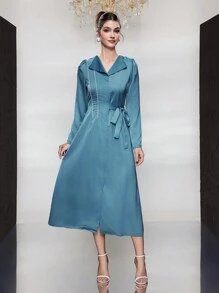 Modelyn 女式束带 A 字形连衣裙，配编织饰边细节长款晚礼服 - 藍色 - 查看 2