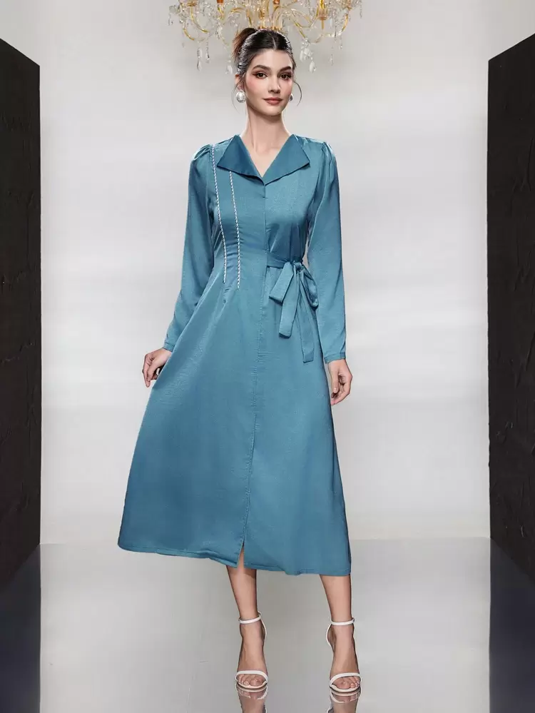 Women's Belted A-Line Dress With Woven Trim Detail Long Evening Dresses