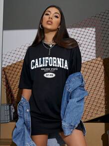 SHEIN Unity California Letter Printed Simple Graphic T-Shirt - Black - View 3