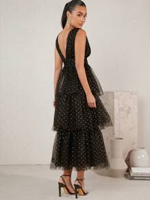 SHEIN Unity Của phụ nữ Chấm bi Gold Foil In Nhiều lớp Lưới Halterneck Đầm Với Ruffled Hem - màu đen - Xem 2