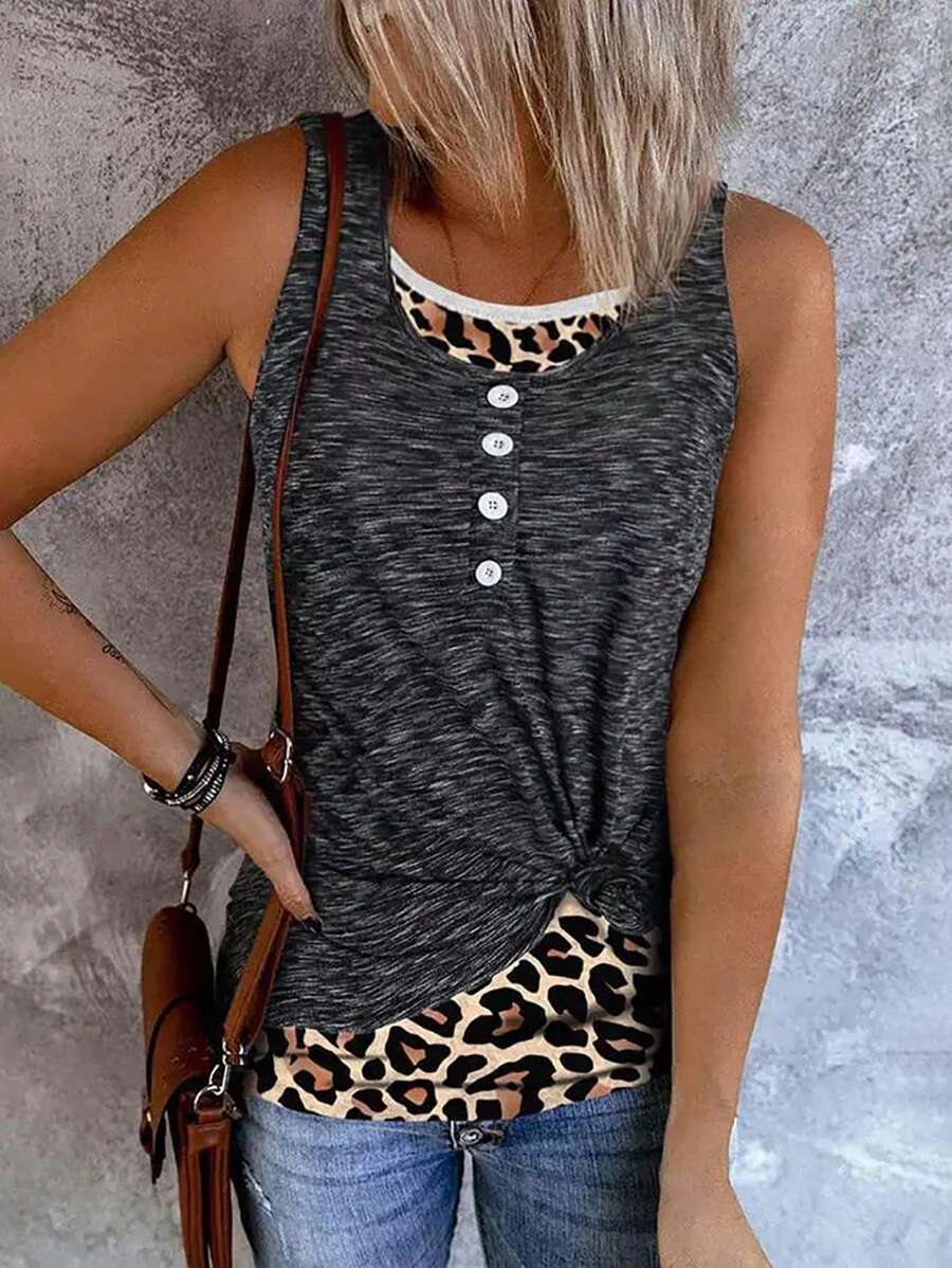 SHEIN LUNE Color Block Leopard Printed Panel Twisted Detail 2-In-1 Tank Top Graphic Tees Women Tops - Dark Grey - View 1