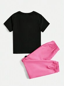 SHEIN Cô gái Tween Lá thư In Ngắn tay Áo thun Và Quần Cargo Giải trí - Màu Hồng Tươi - Xem 2