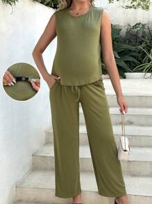 SHEIN Maternity Solid Color Tank Top And Adjustable Waist Pants Two Piece Set - Army Green - View 1
