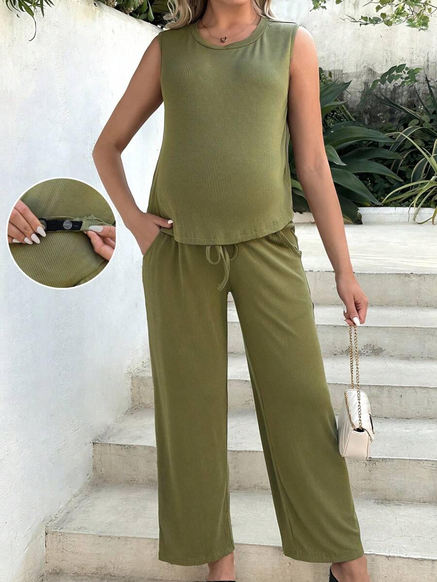 SHEIN Maternity Solid Color Tank Top And Adjustable Waist Pants Two Piece Set - Army Green - View 1