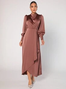 Modelyn Vestido Largo De Manga De Linterna De Mujer Con Cuello Envuelto Y Dobladillo De Volantes - Rosa - Ver 6