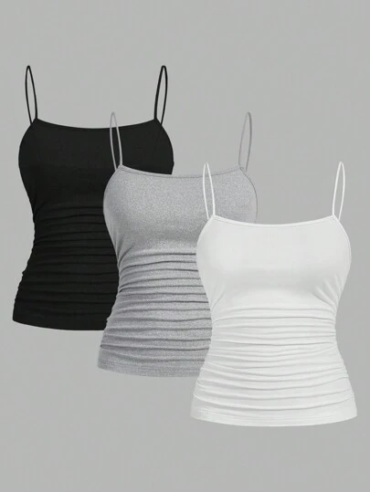 SHEIN EZwear 3pcs Pleated Side Casual Camisole Tops, Slim Fit For Women, Summer