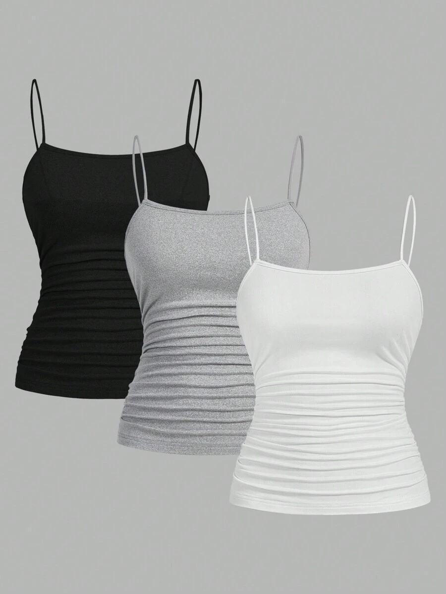 SHEIN EZwear 3 chiếc áo hai dây xếp ly bên hông thường ngày, dáng ôm dành cho nữ, mùa hè - Nhiều màu - Xem 1