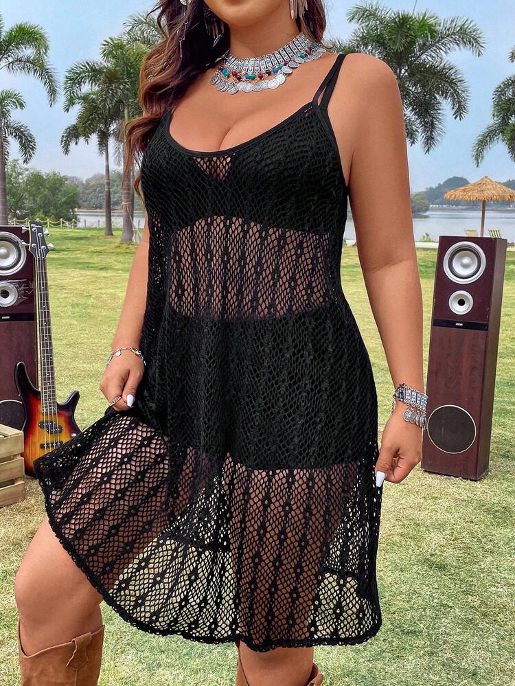 Plus Size Hollow Out Knit Spaghetti Strap Dress