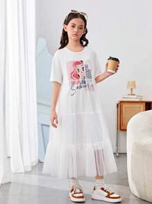 Vestido de malha contrastante com estampa de desenho animado para meninas pré-adolescentes, bainha, manga curta, decote redondo - Branco - Ver 5