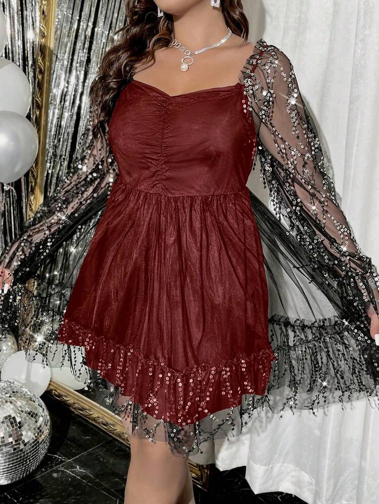 Plus Size Women's Glitter Mesh Long Sleeve Dress