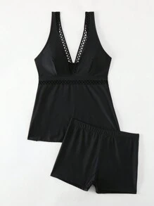 SHEIN Swim Women's Summer Beach Hollow Out Vest Style Tankini Set, Mature And Charming Style