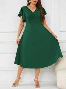SHEIN Clasi Vestido Con Cuello En V Cruzado De Talla Grande Con Manga Con Volantes - Verde - Ver 4