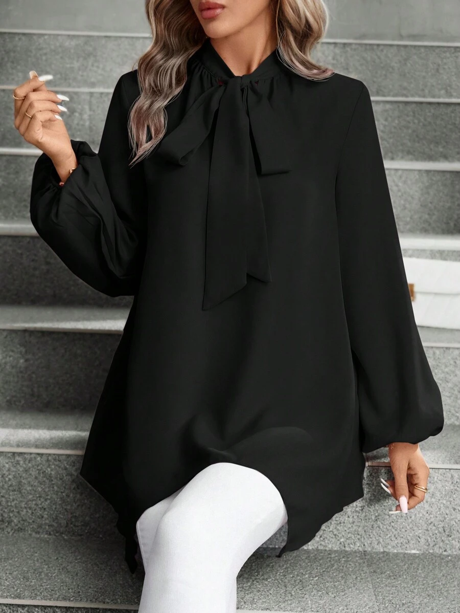 SHEIN Clasi 女士純色燈籠袖領帶不對稱下擺襯衫