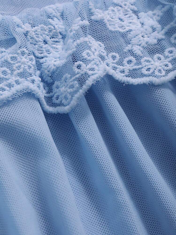 Solid Color Mesh Splice With Ruffles Ladies' Nightgown Pajama