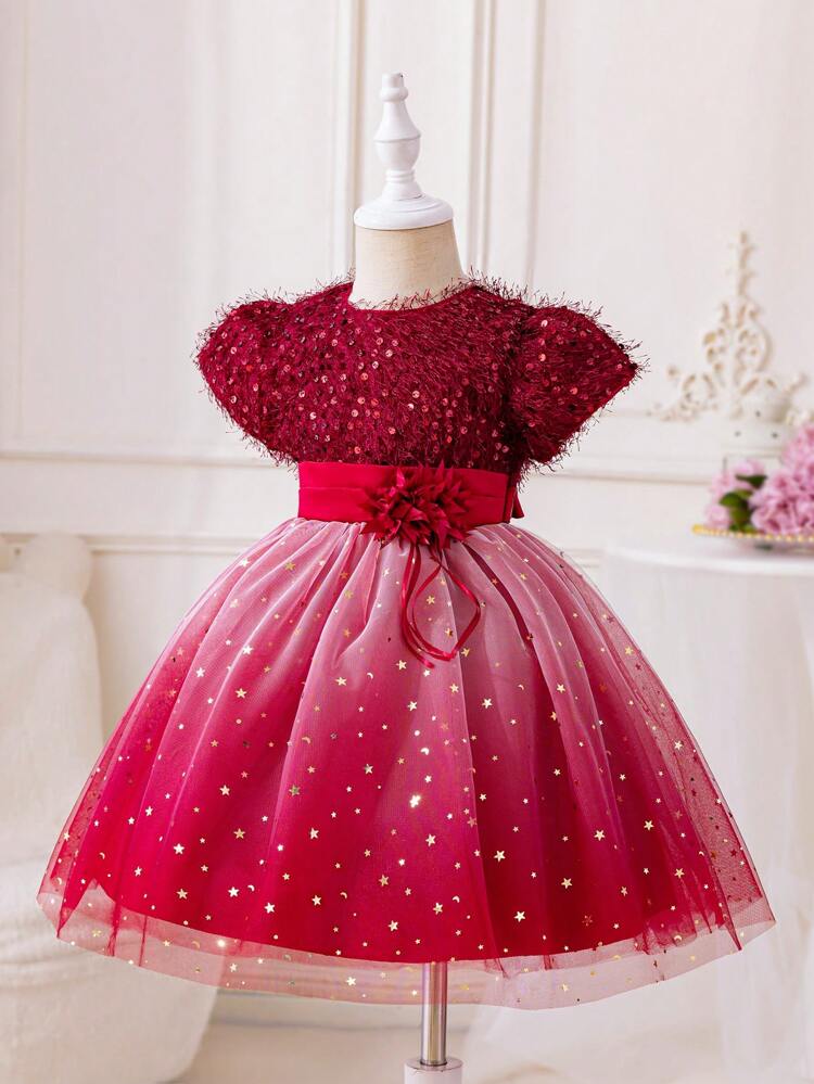 Young Girl's  Elegant Long Dress For Birthday Party, Wedding, Holiday With Red Ombre Glitter Tulle Princess Skirt